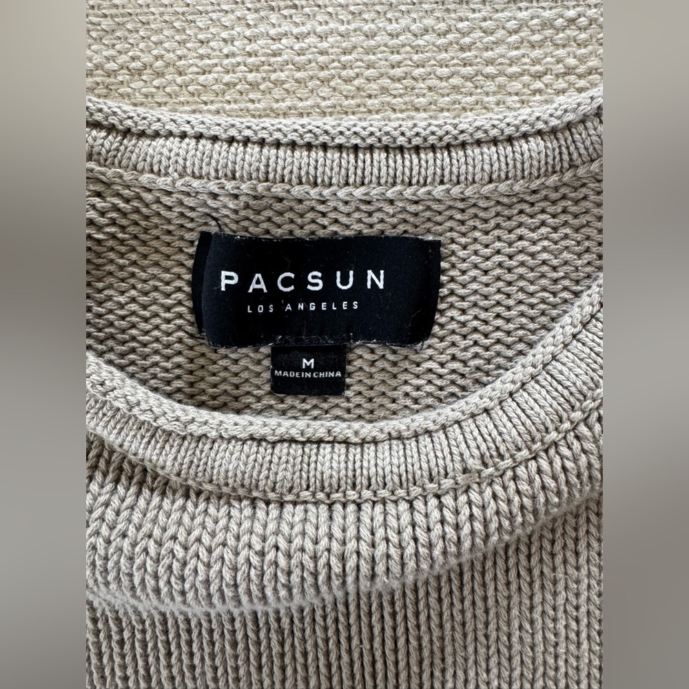 Pacsun beige distressed cotton knit long sleeve crewneck pullover sweater men‎ M - Picture 4 of 5
